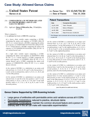 Case study document with claims from issued patent based on Paratope-PLUS CDR-scanning data