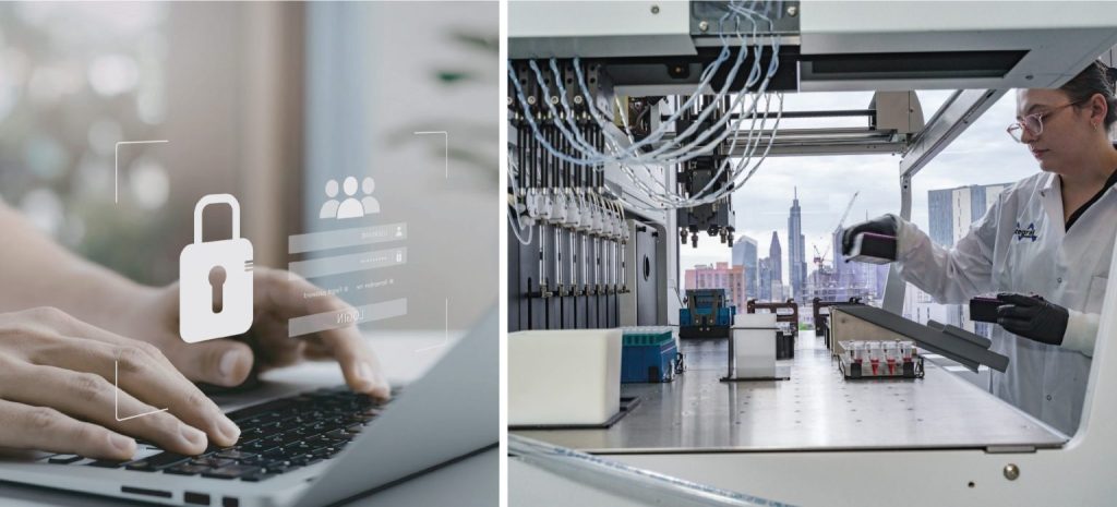 A laptop and hands, with icons representing data security. A scientist works on a robot to deliver high-throughput lab data.